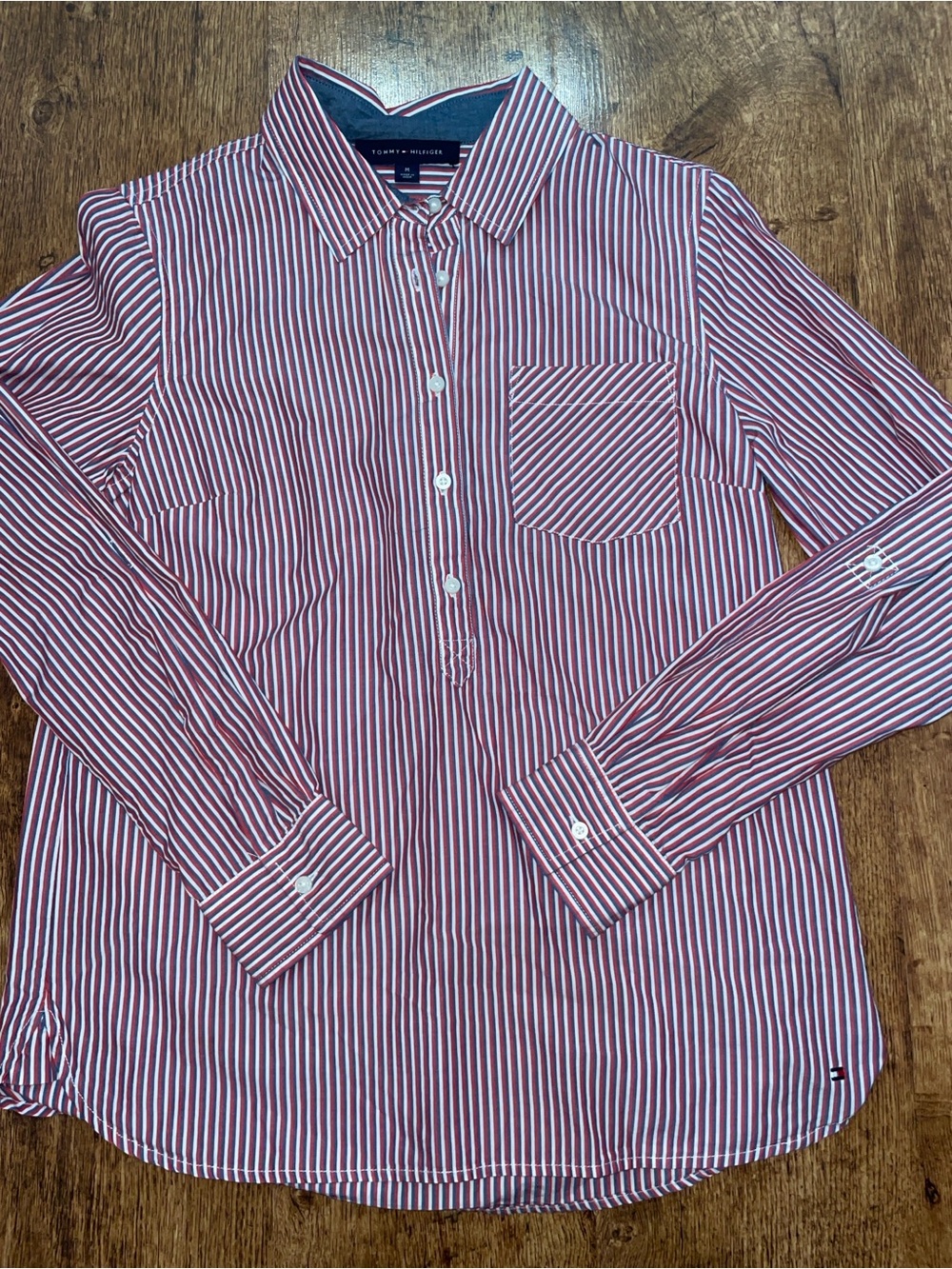 Tommy Hilfiger women’s Red and White Striped Button-Down Cotton Shirt